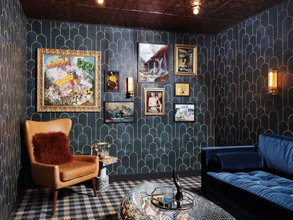 a room with art on the wall